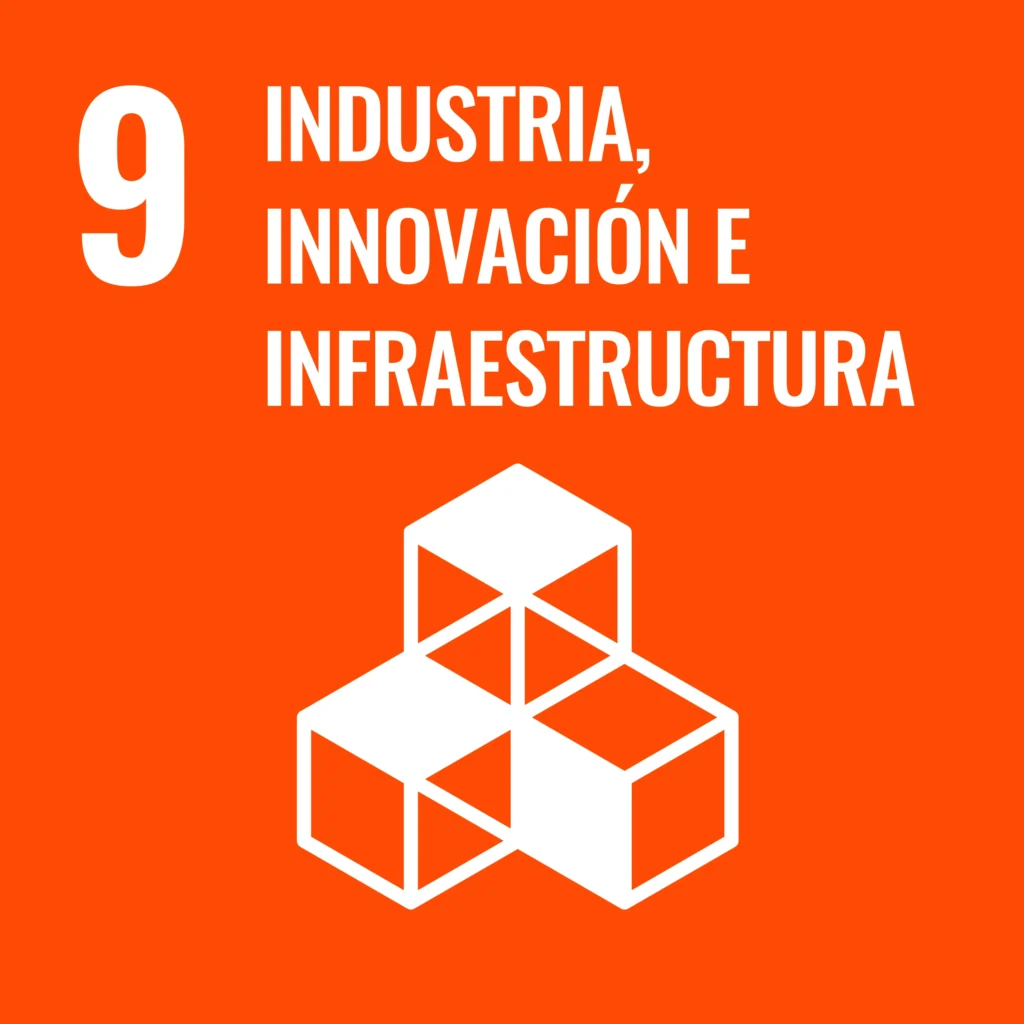 Icono del Objetivo de Desarrollo Sostenible 9 que representa la infraestructura resiliente, la industrialización inclusiva y el fomento de la innovación tecnológica y CTI por Fundagedescol.